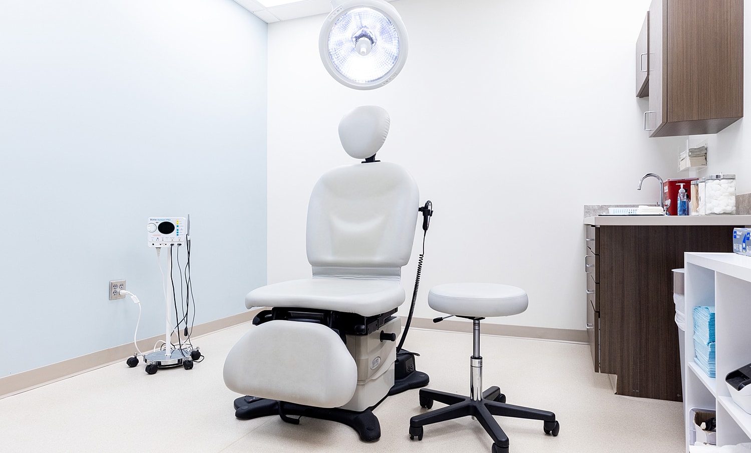 Clean medical examination room with treatment chairs.