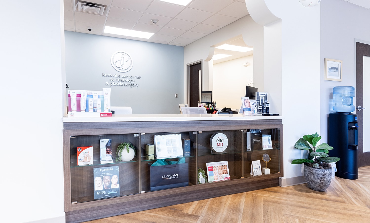 Reception area of a dermatology clinic.