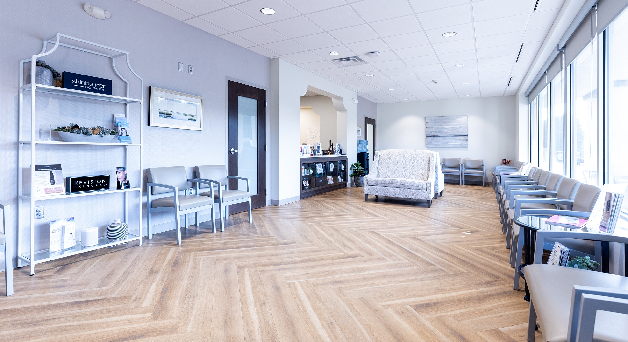 Clean and modern waiting room with seating